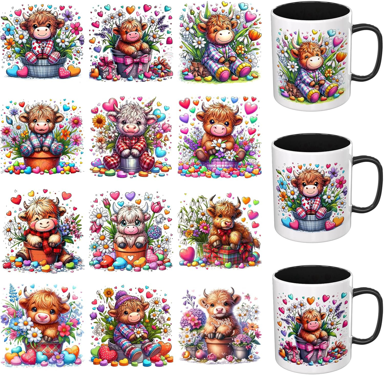 12 PCS UV DTF Cup Wrap Stickers, (Highland Cows Rub on Transfers for Crafts, Per