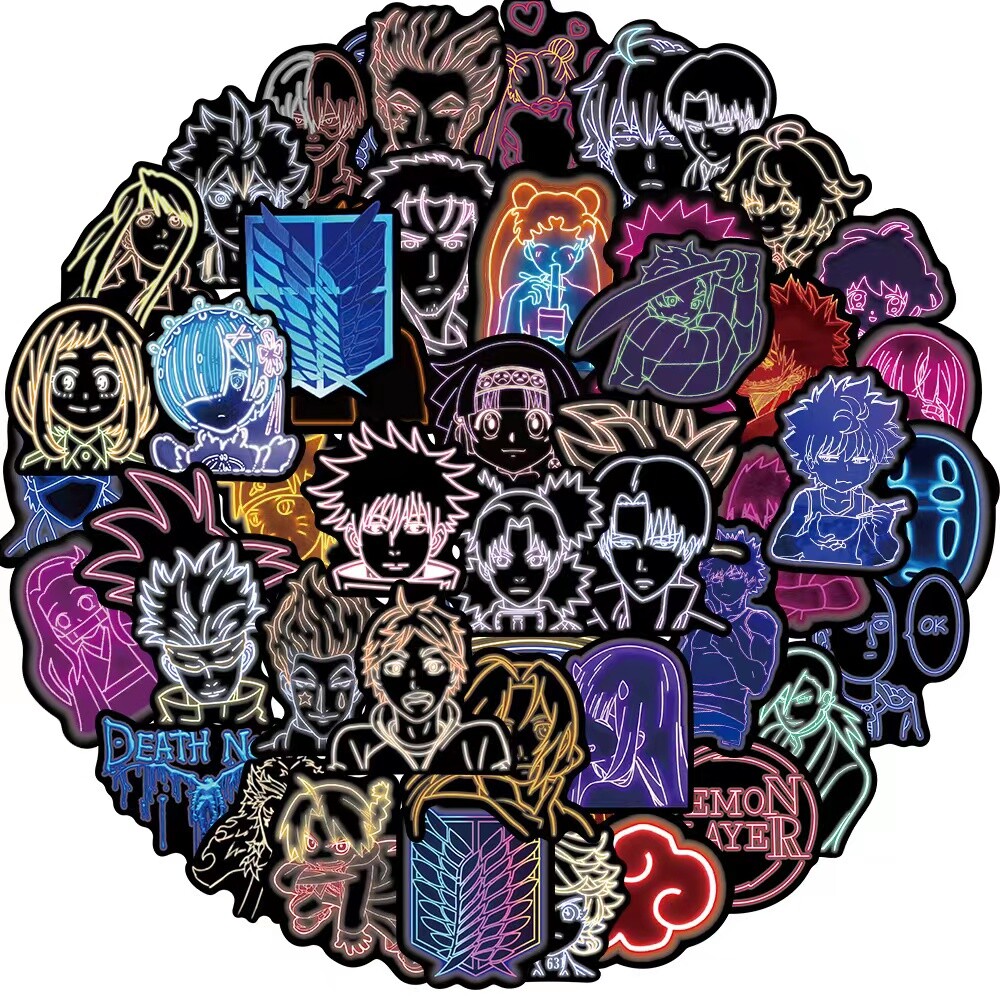 50Pcs Vinyl Anime Neon Stickers Pack Bomb Laptop Guitar Water Bottle Decals Lot
