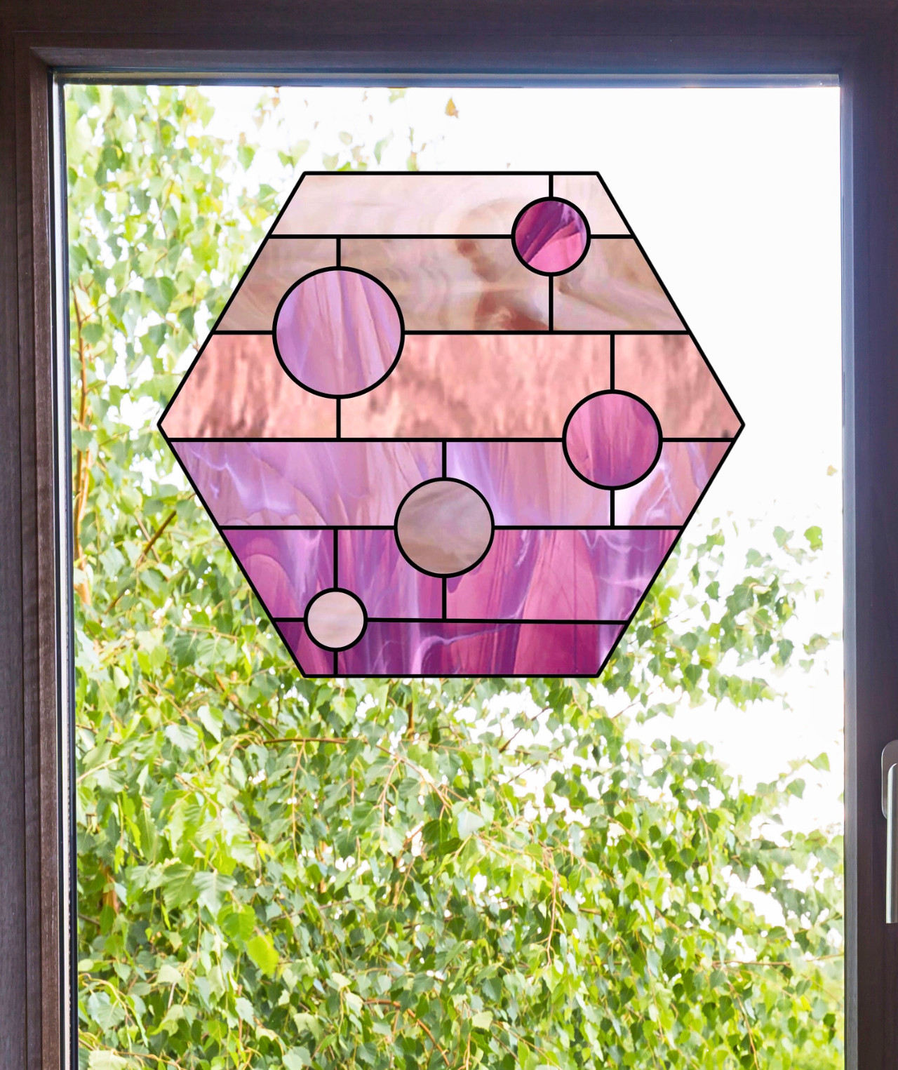 Pink Hexagon Faux Stained-Glass WINDOW CLING Size 9.3" Repositionable Vinyl