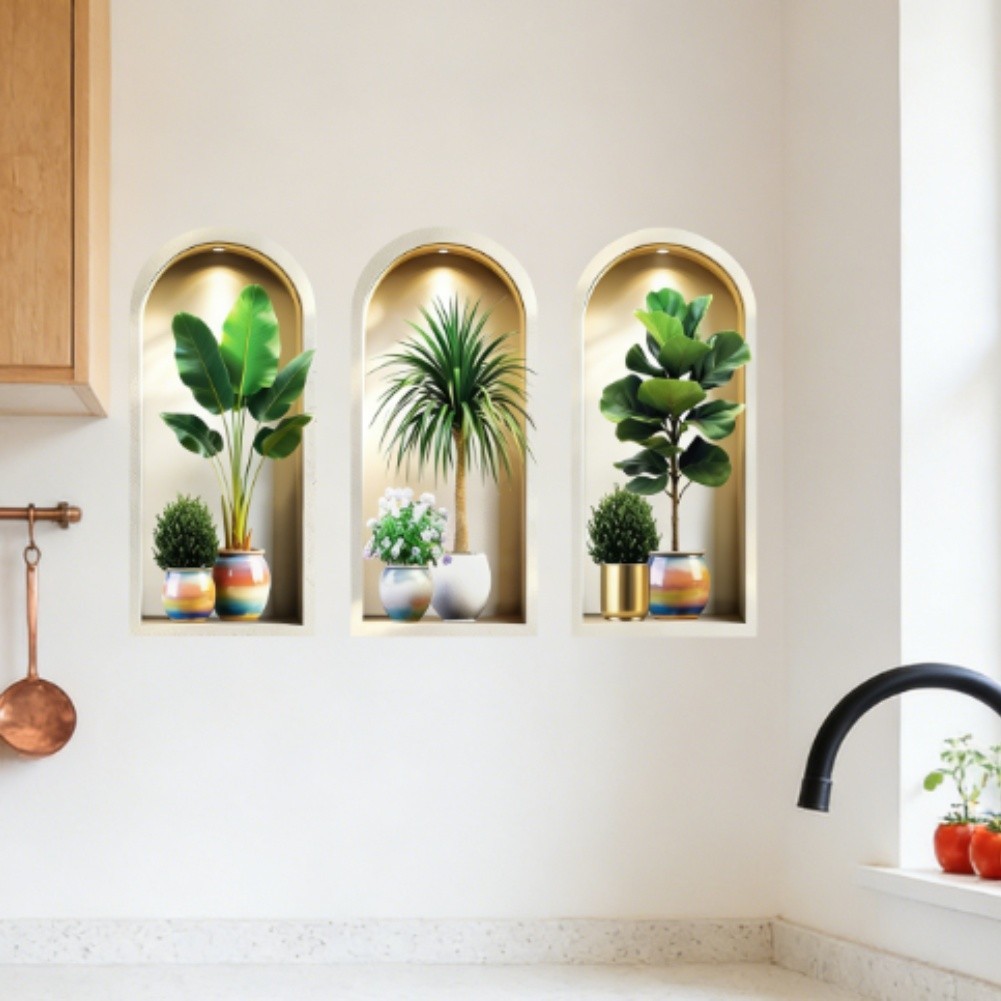 3D Potted Plant Wall Stickers 3PCS Set for Indoor For Room Decoration 40x80cm