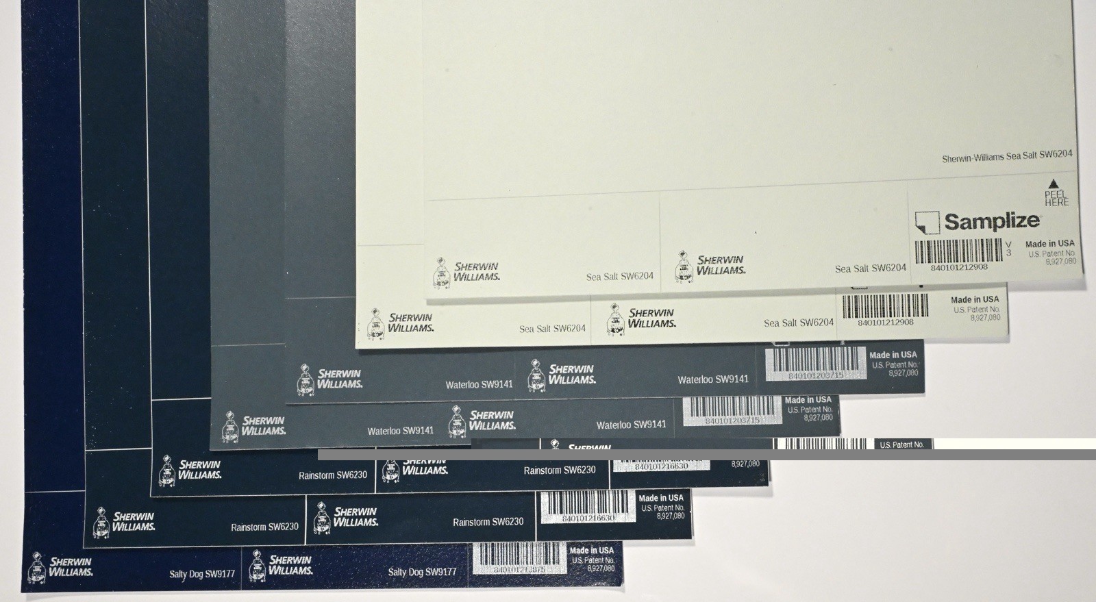 SAMPLIZE Peel & Stick Paint Samples Sherwin Williams blue green 7-pk reusable
