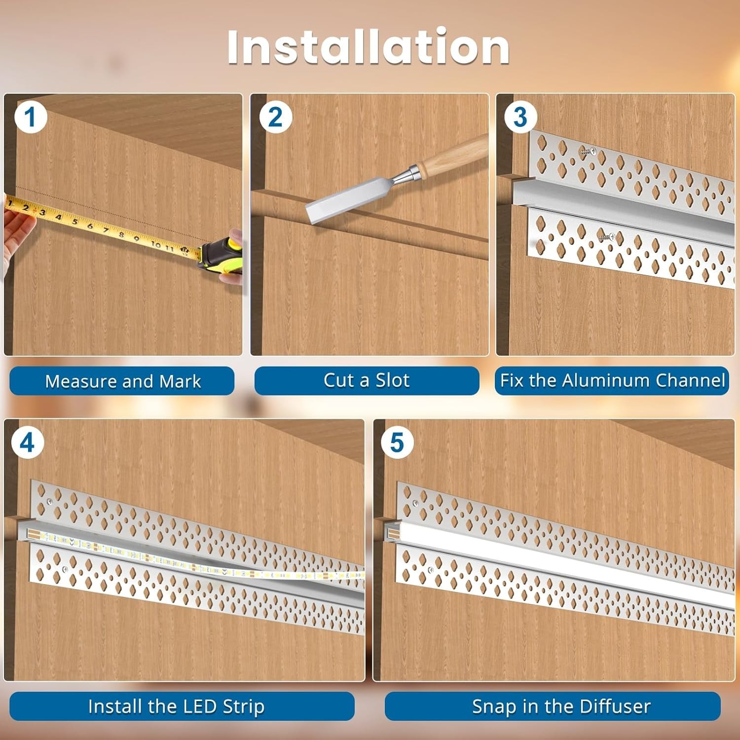 Aluminum LED Channel 6 Pack 1M (3.3FT) Each, Plaster-In Recessed Aluminum Profil
