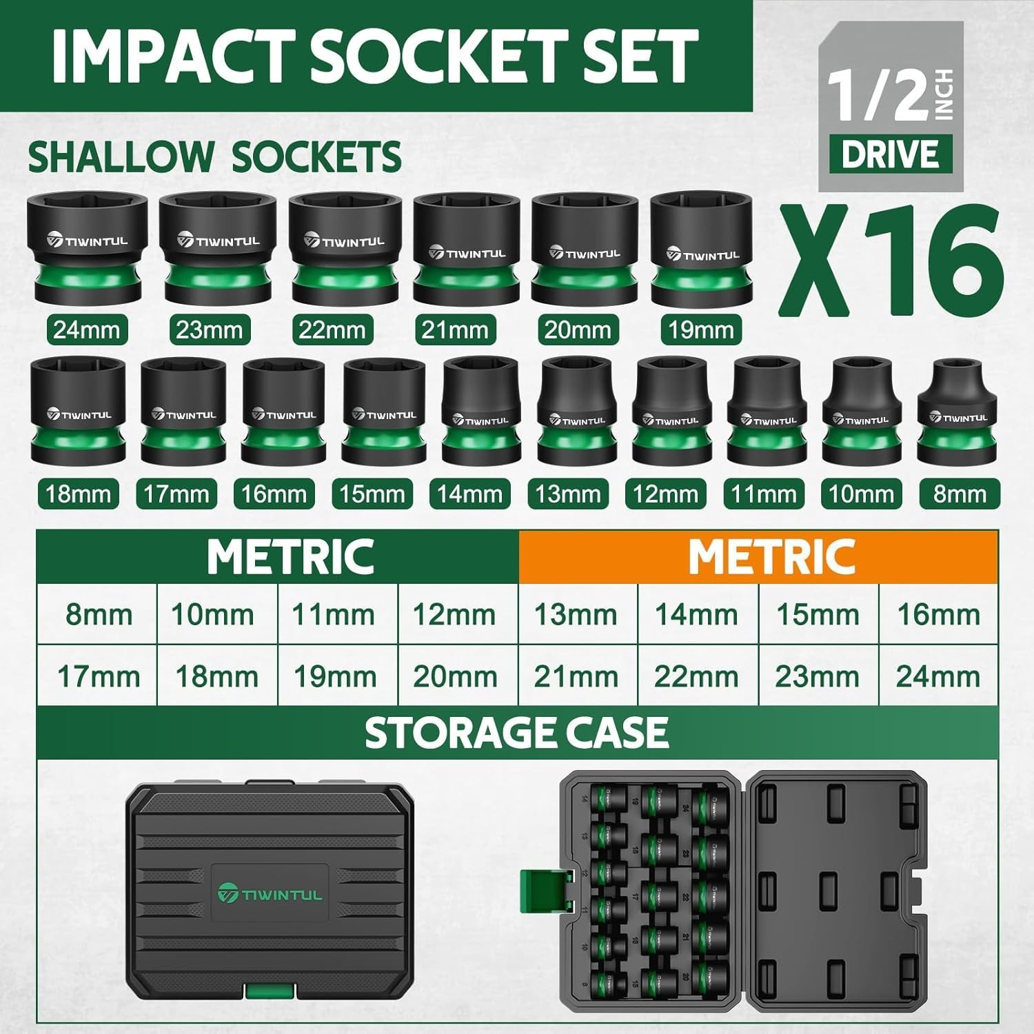 "16-Piece 1/2" Drive Shallow Impact Socket Set, 8-24mm, Metric, 6-Point for Auto
