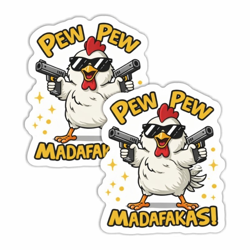 PEW PEW MADAFAKAS! Funny Chicken Sticker, Peel N' Stick, Different Sizes