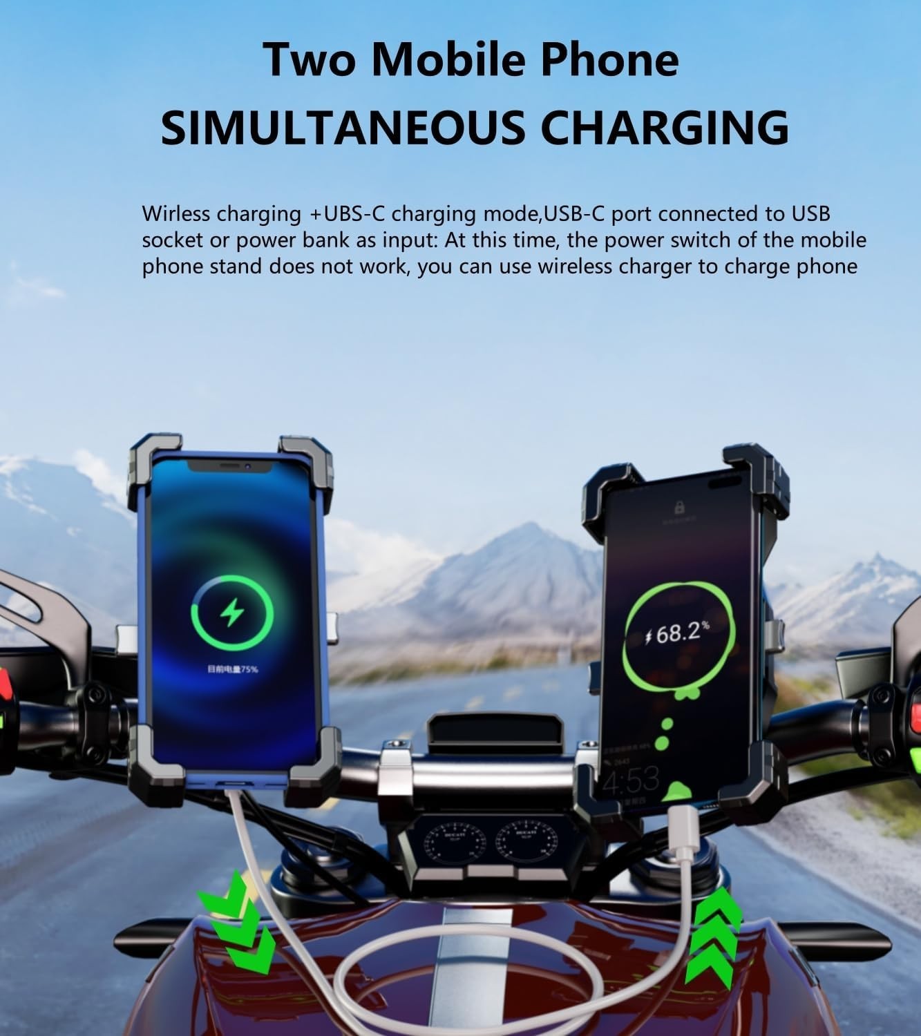 Motorcycle Fork Stem Phone Mount with Qi 15W Wireless Charger & Black