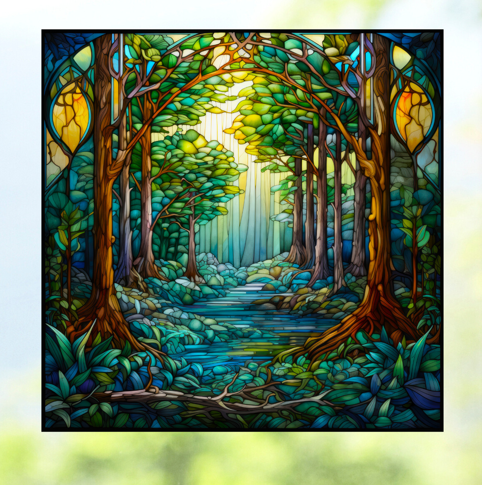 Beautiful Green Forest with Arch Faux Stained Glass WINDOW CLING Size 8" Vinyl