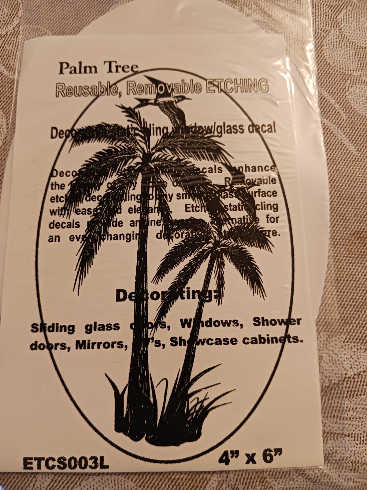 Palm Tree Window Decal 20"x30"OVAL Etched Glass Look Cling Removable &Reusable 3