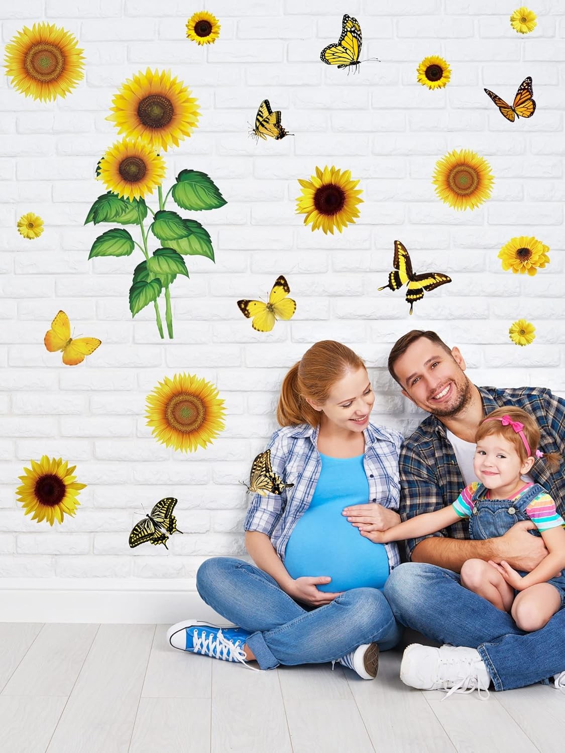 53 Pcs Sunflower Daisy Wall Decals Butterfly Stickers, Waterproof Yellow