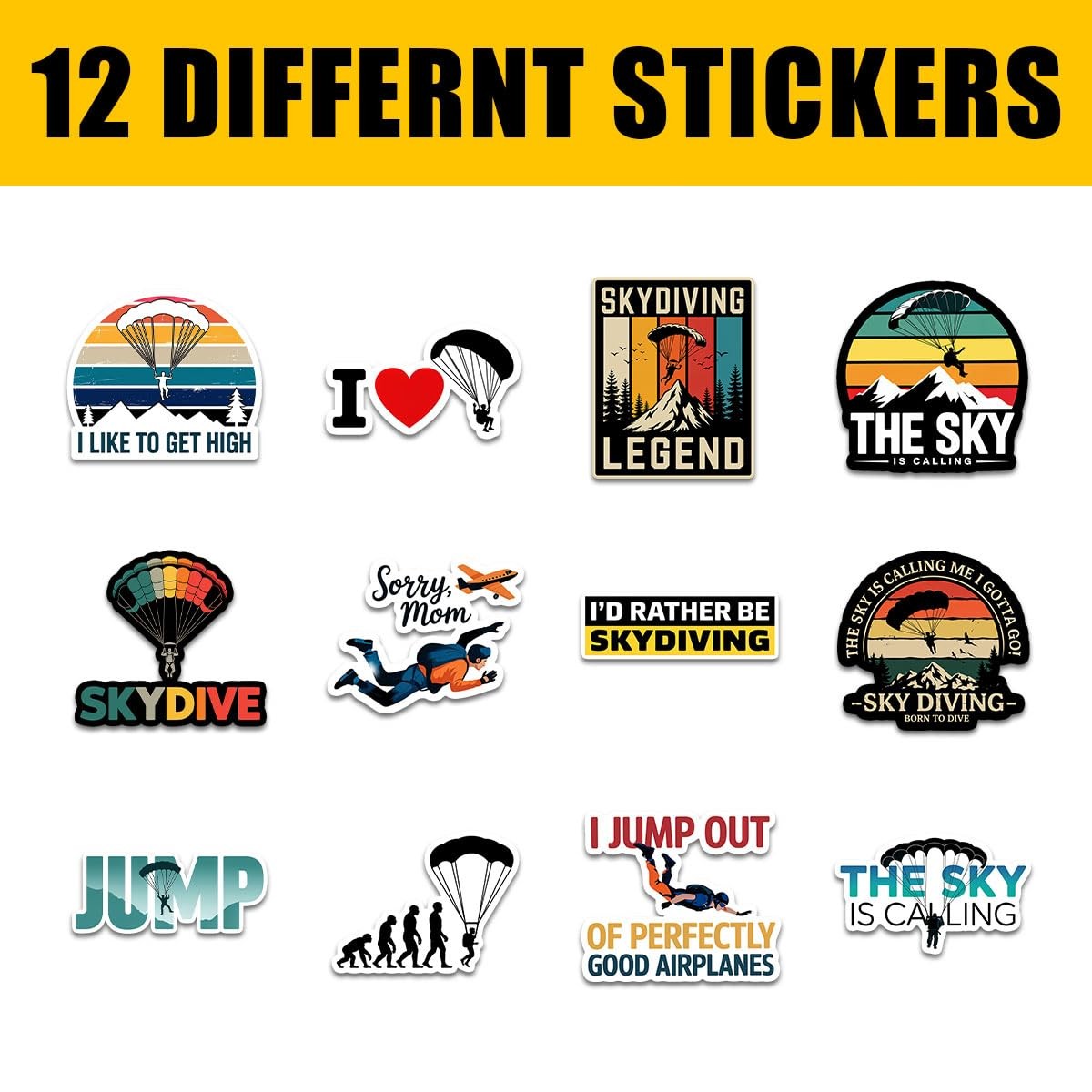 12 Pcs Skydiving Stickers Set, Funny Parachute and Adventure with Quotes like Th