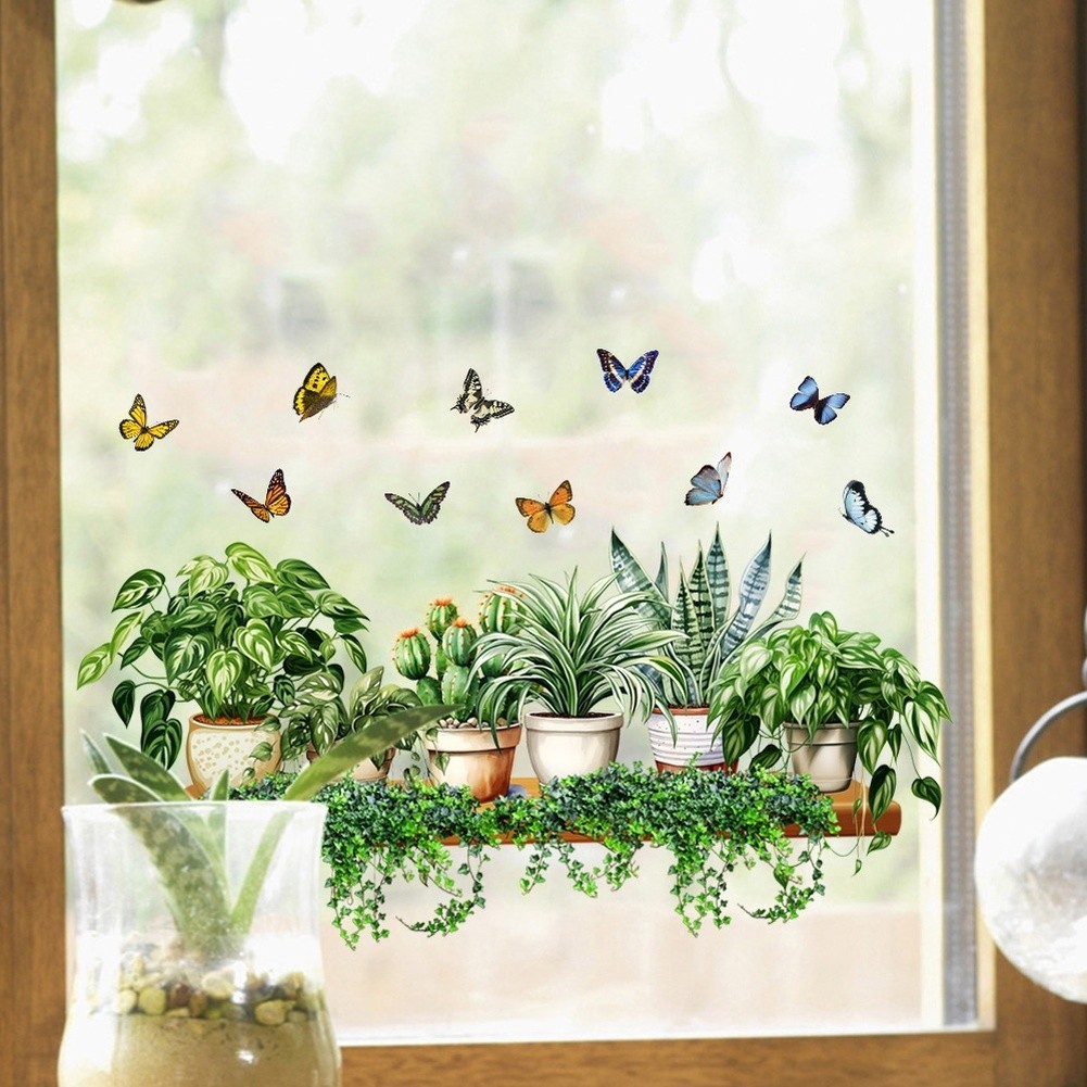 Glass Window Stickers with Realistic Green Leaves and Butterflies 60x50cm