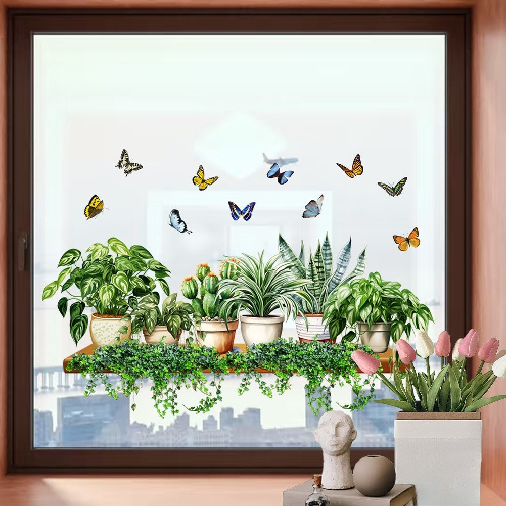 Glass Window Stickers with Realistic Green Leaves and Butterflies 60x50cm