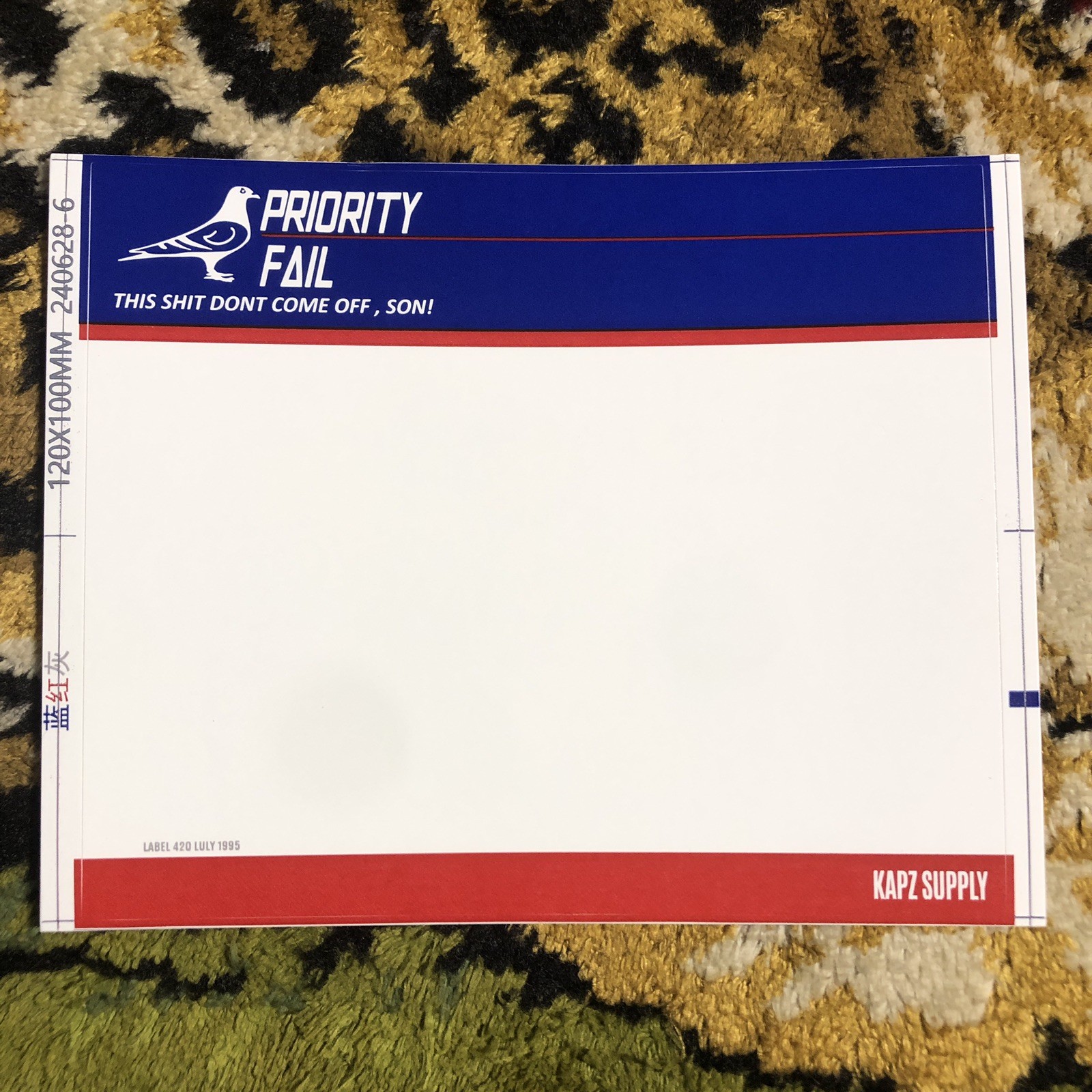 KAPZ SUPPLY DESTRUCTIBLE VINYL EGGSHELL JUMBO 10x12CM STICKER SLAPS PRIORITY 50