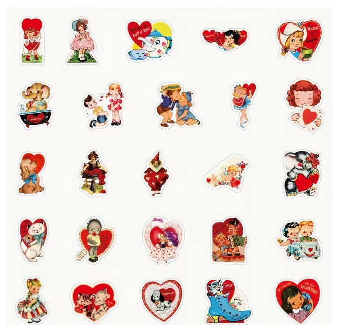 50 PC PACK RETRO VALENTINE'S DAY STICKERS VINTAGE LOOK LAPTOPS PHONES CRAFTS