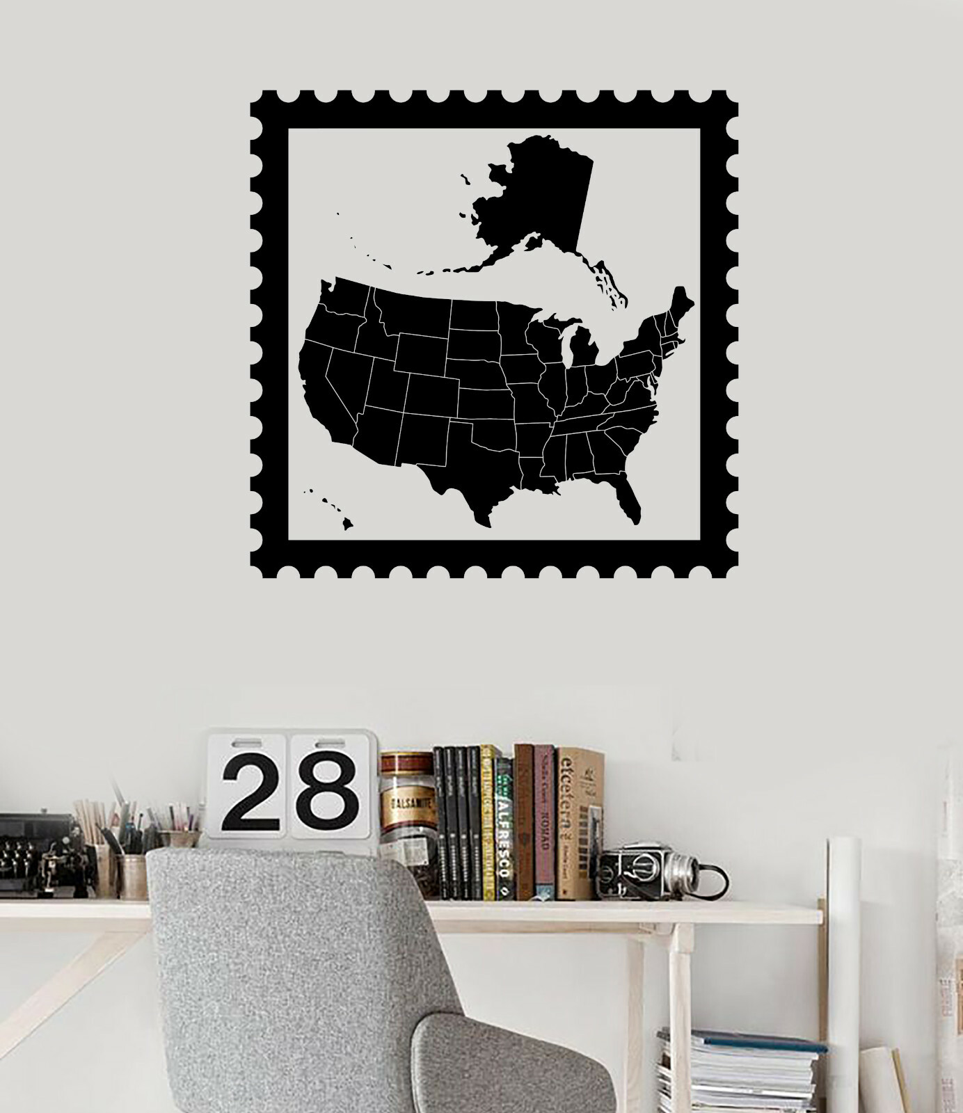 Wall Vinyl Decal USA Map on Postage Stamp Vintage Style Decor Sticker (n1298)