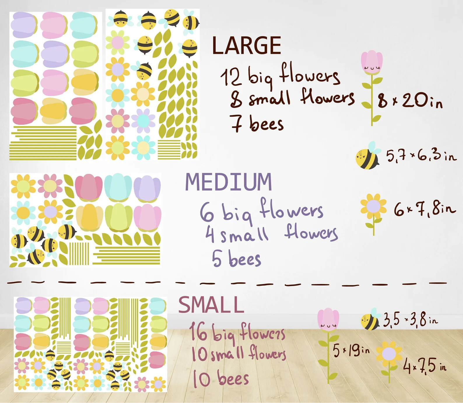Flower wall decals Decor Cute Bee Tulip Floral Home decor Nursery Kawaii LF025