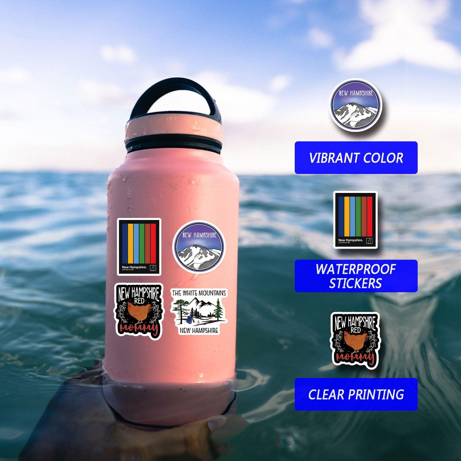 62Pcs New Hampshire Stickers Pack, Waterproof Decals for Bottles, Laptops, Phone
