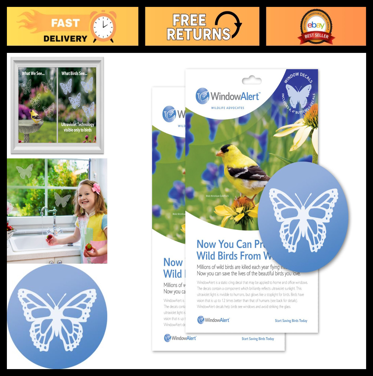 Butterfly Anti-Collision Window Decals – UV-Reflective Bird Protection, 2-Pack