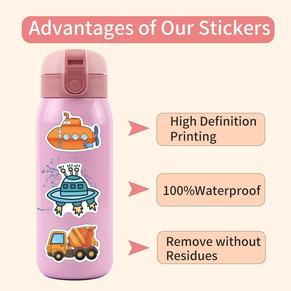 55PCS Cartoon Vehicle Stickers – Cars, Buses, Planes, Ships for Kids & Teens