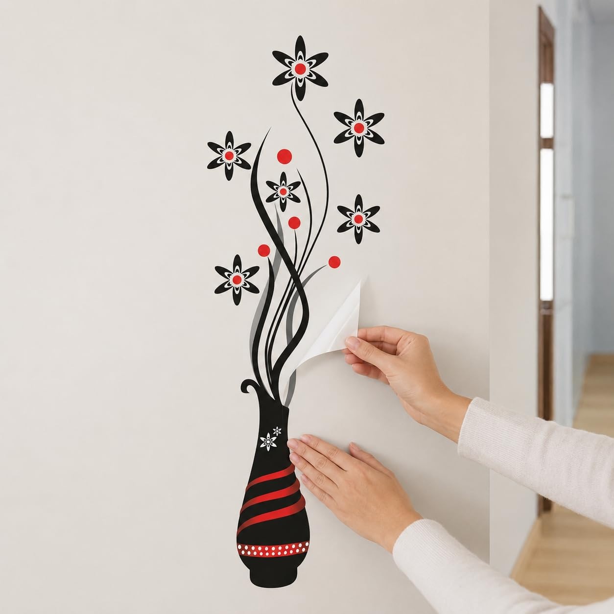 Flower Vase Wall Sticker Large Floral Wall Decal Black Red Peel Stick Home Decor