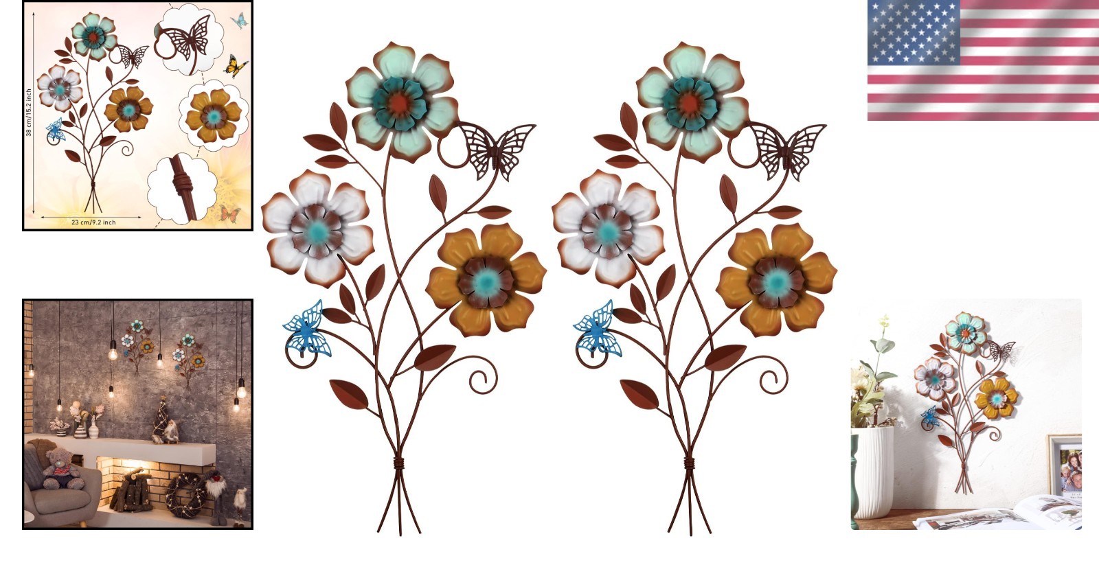 Rustic Hanging Floral Metal Wall Decor for Home – 2 Pieces