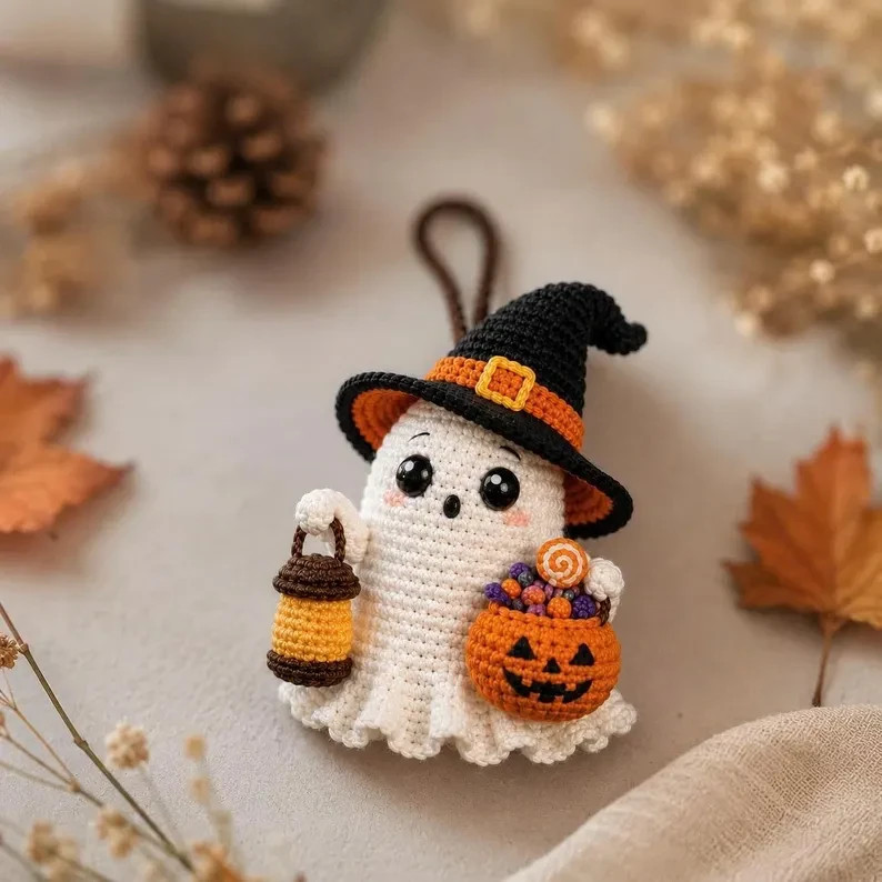 Halloween Crochet Ghost Car Charm Handmade Rearview Mirror Hanging Gift