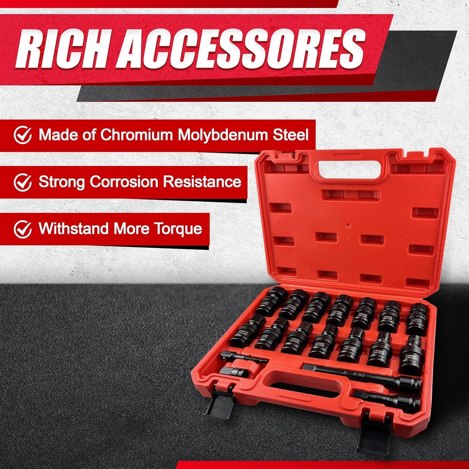 18-Piece 1/2" Drive Shallow Impact Socket Set, Metric Wobble & Swivel Sockets, 1