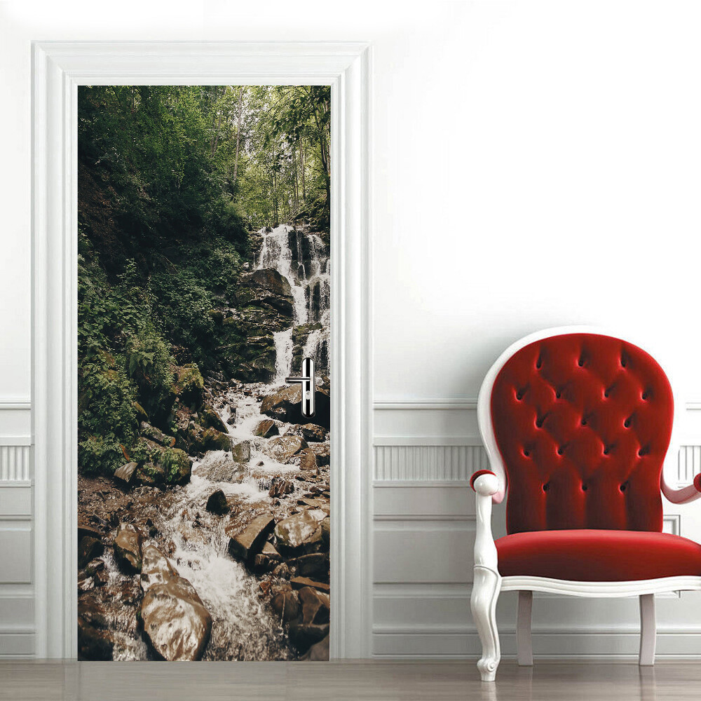 Door, Wall STICKER – Green Forest River Scenery 3D Waterproof Murals Decal Cover