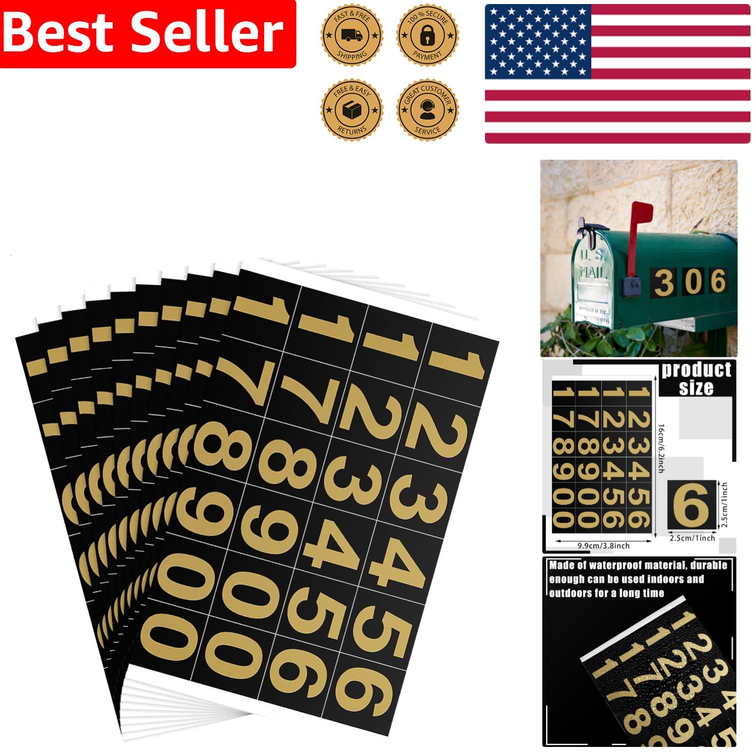 Self-Adhesive Numbers 240pc Outdoor Waterproof Gold Black 1