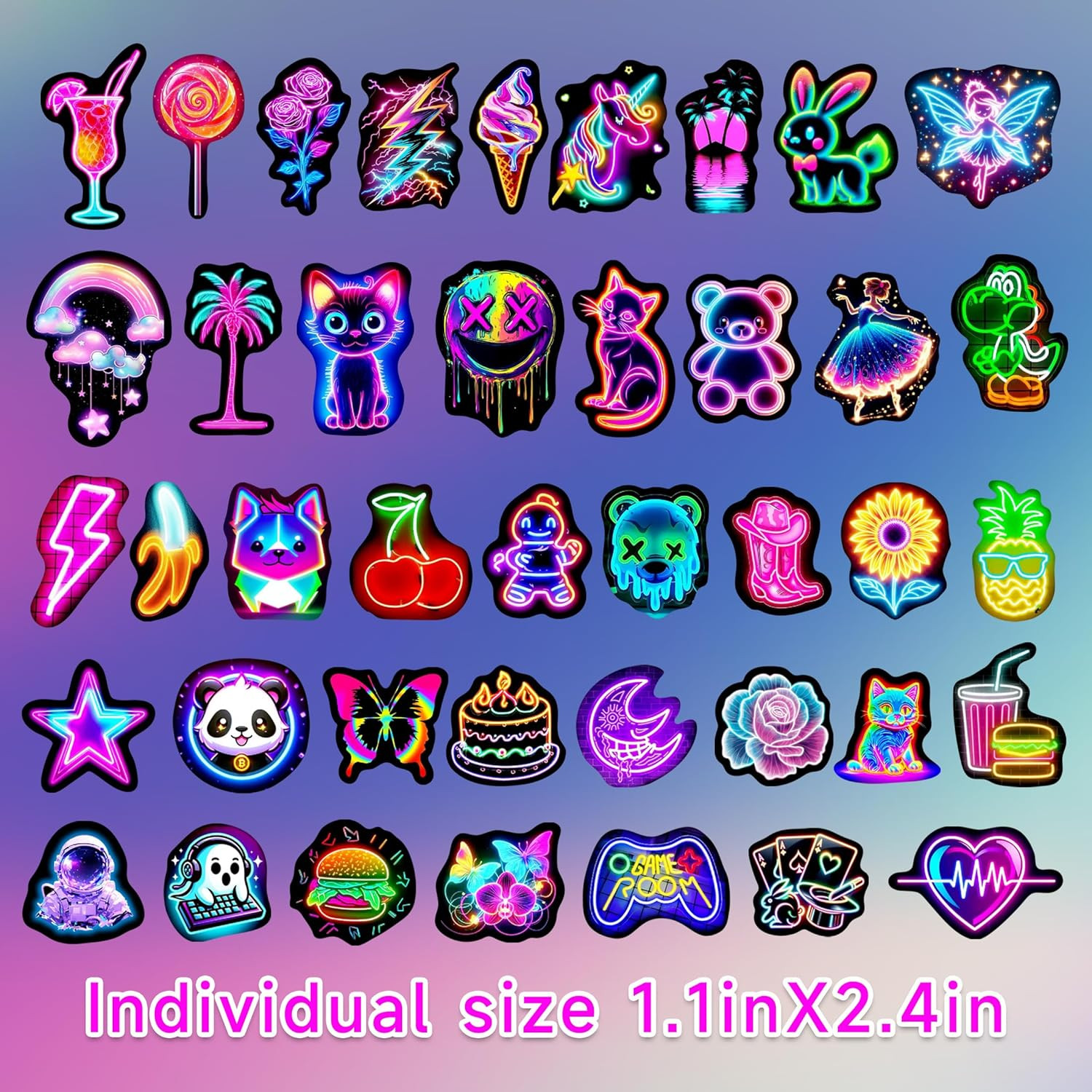Neon Water Bottle Stickers for Kids, 70 Pcs Waterproof Vinyl Laptop Decals, Teen