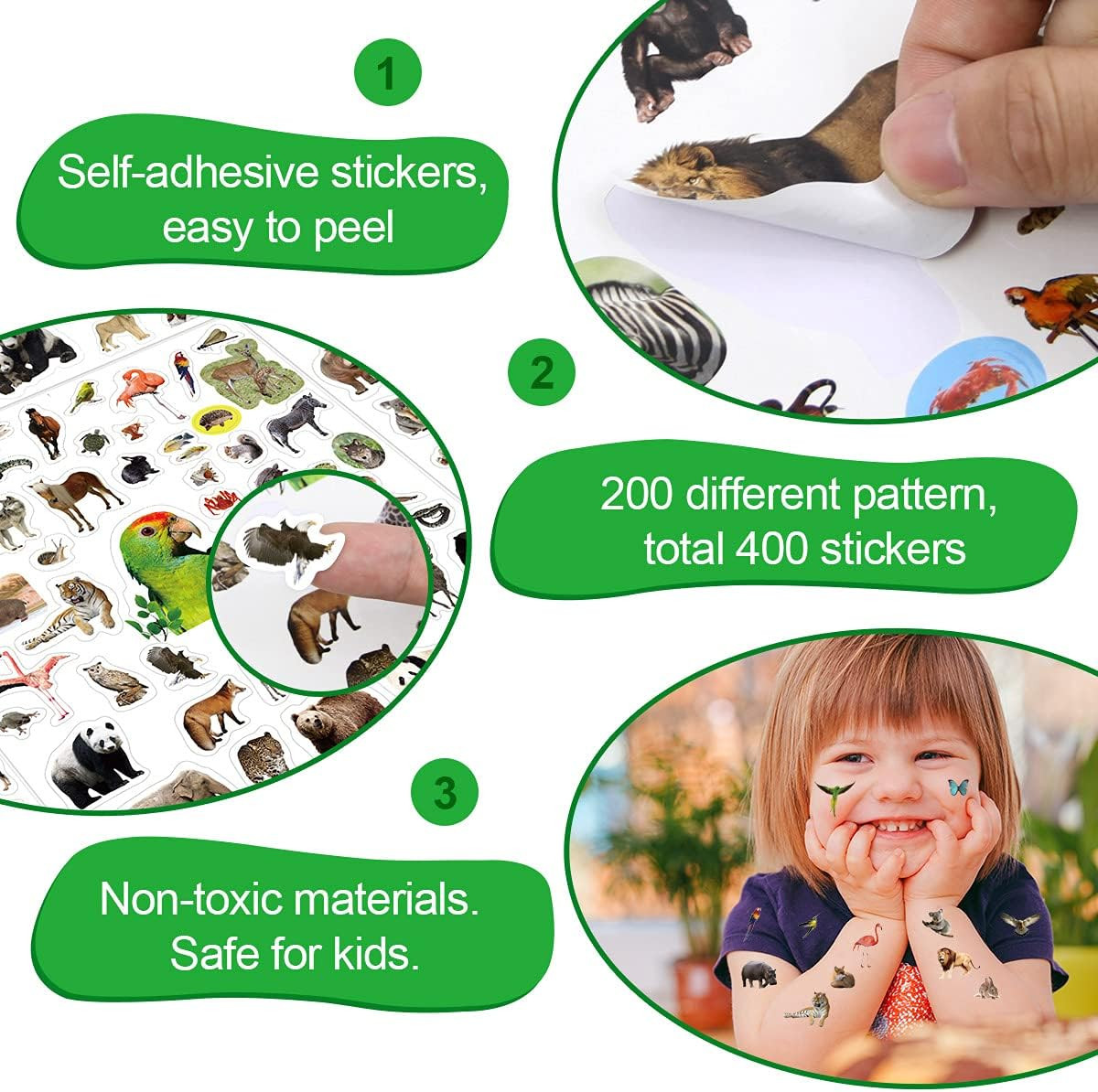 Jungle Animal Stickers for Kids, 8 Sheets, 400 Pcs Safari Themed Decals