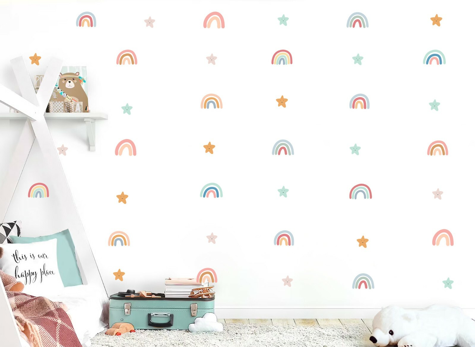 Rainbow Stars over Bed Removable Wall Fabric Decal Set Sticker Baby Gift Decor