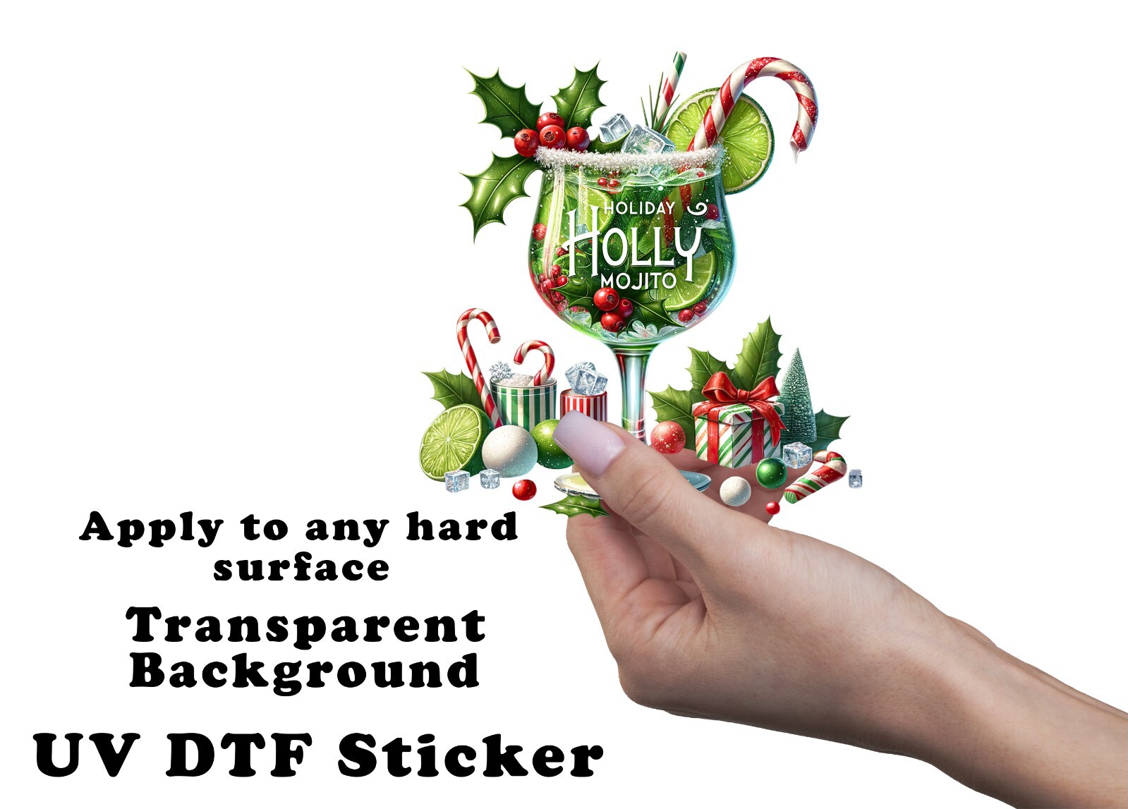 Christmas Holiday Holly Mojito UV DTF Transparent Sticker / Decal