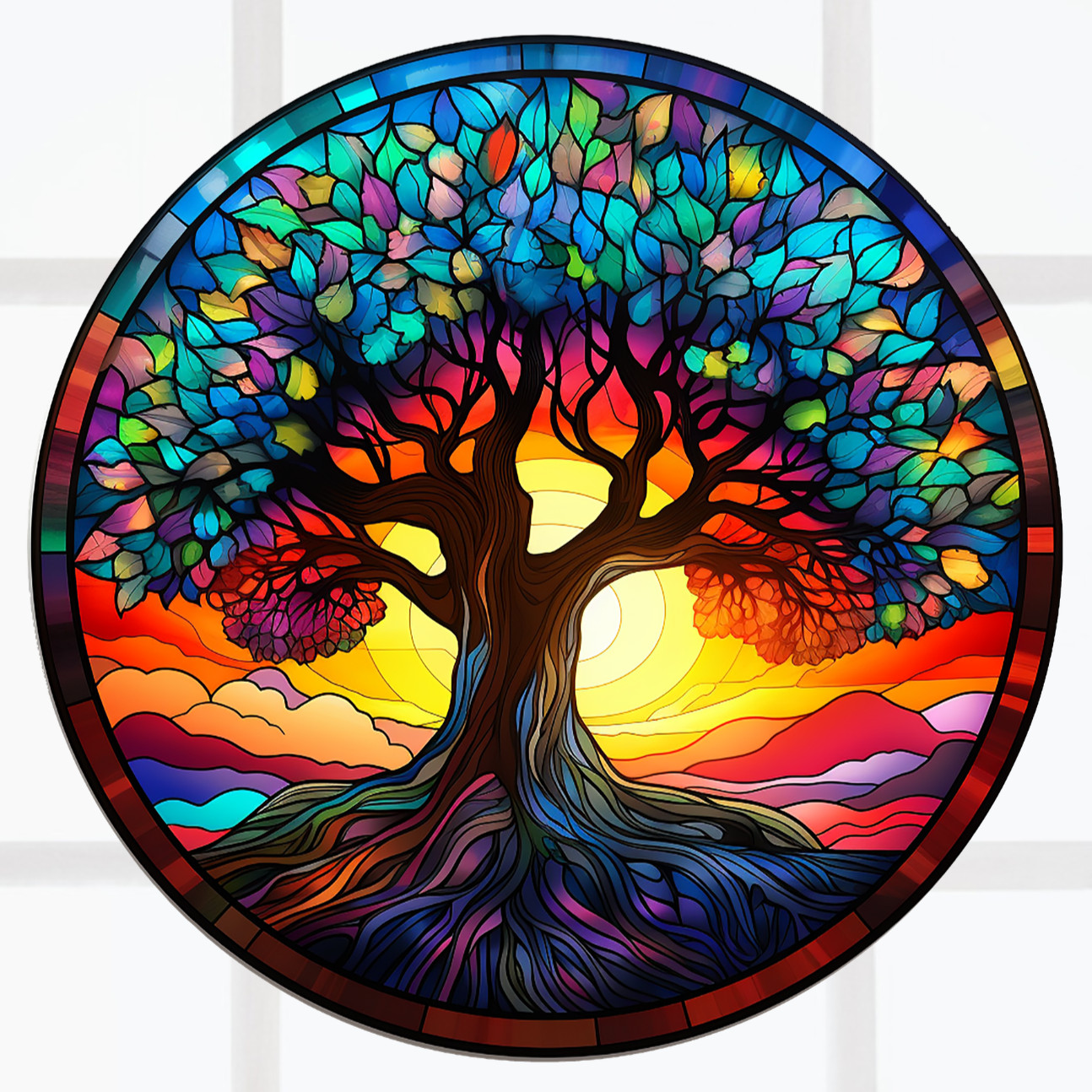 Tree of Life Round Faux Stained-Glass WINDOW CLING Size 8" Round Vinyl