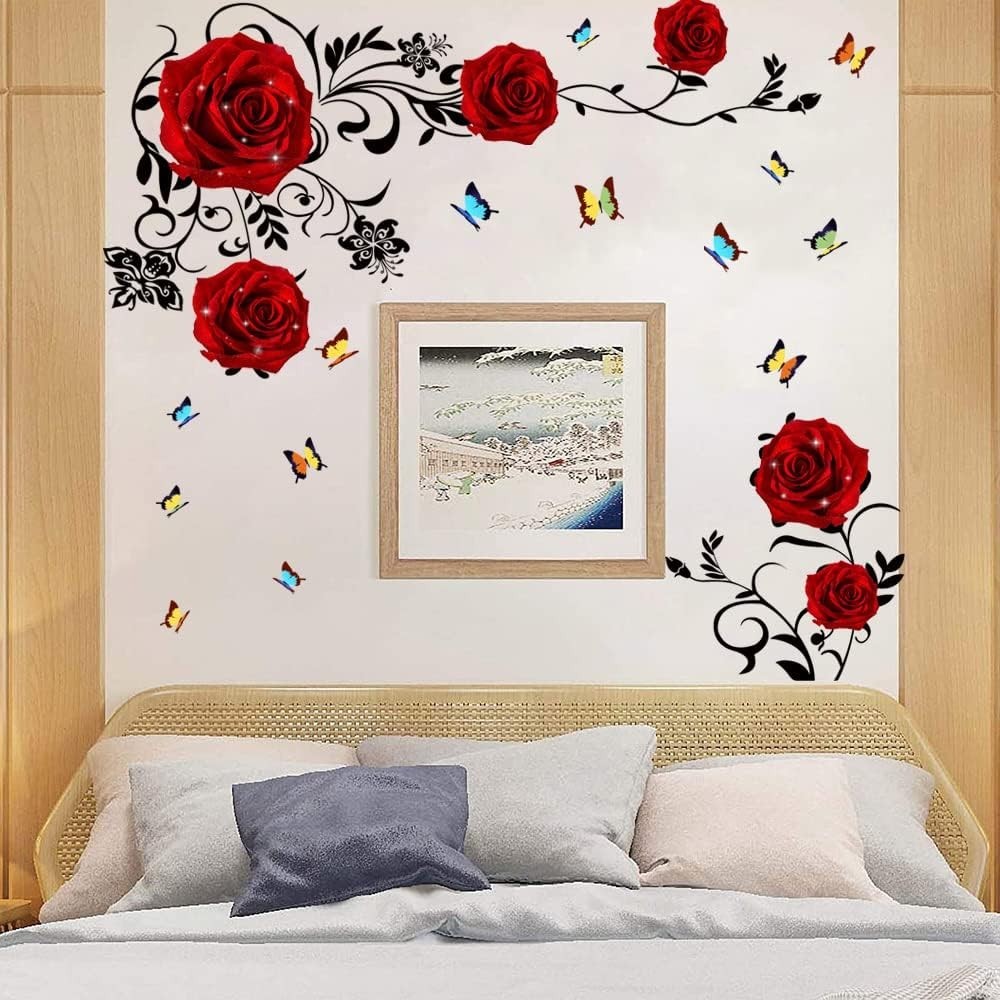 Red Rose Wall Stickers Floral Vinyl Decal for Bedroom Living Room Reusable