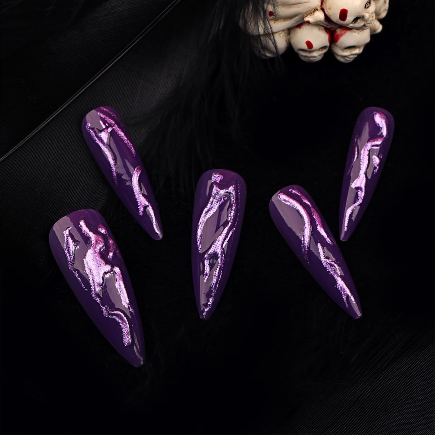 24 PCS Devil's Claws Press On Nails,3D Curve Line Acrylic False Nails, Long Stil