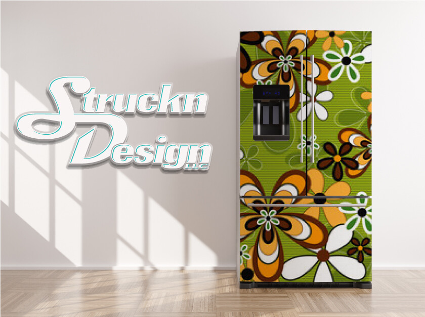 Flower Pattern Green Orange Brown Fridge Freezer Wrap Side Door Vinyl Decal