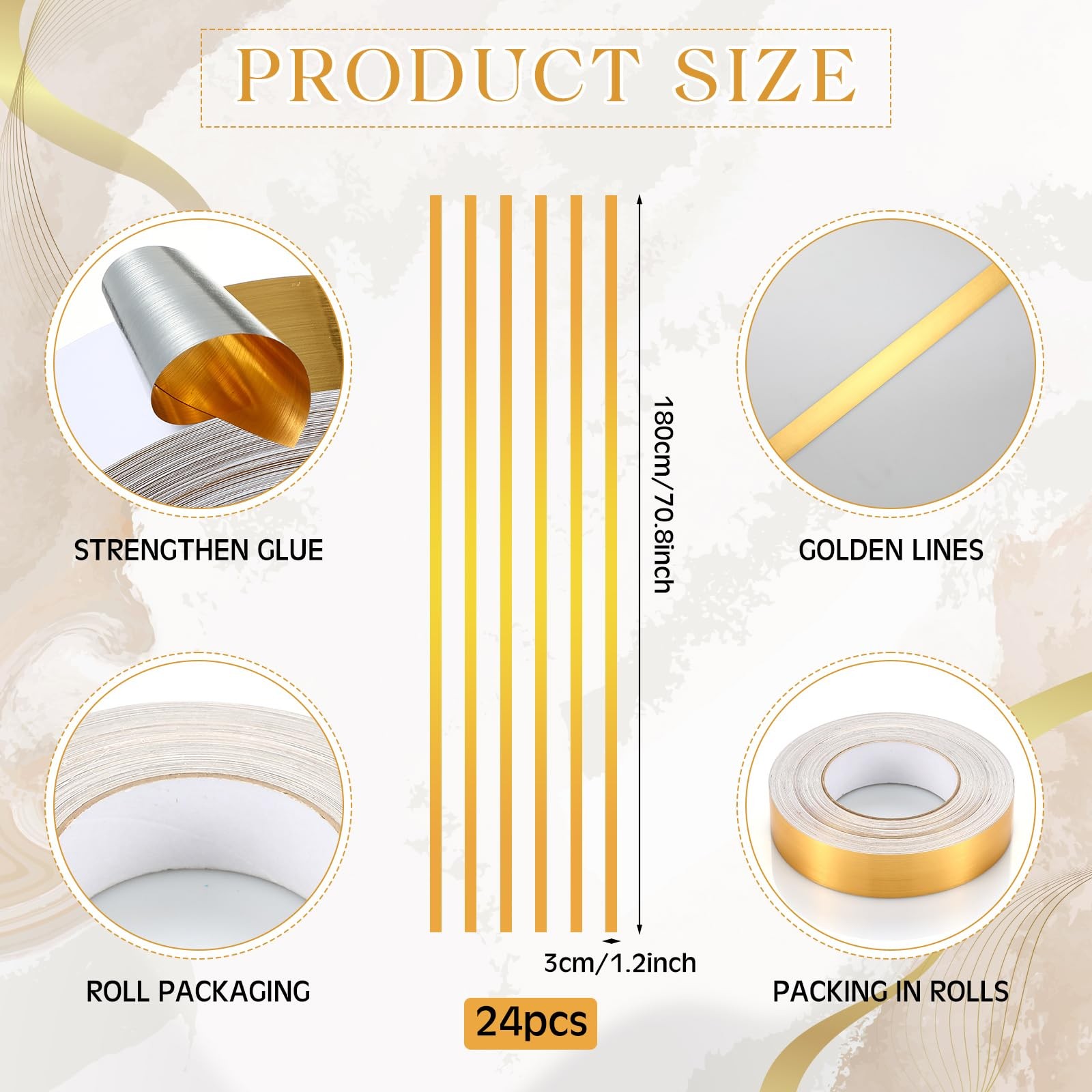 Hoolerry 24 Pcs Gold Wall Decals Peel and Stick 70.8 x 1.2 Inch