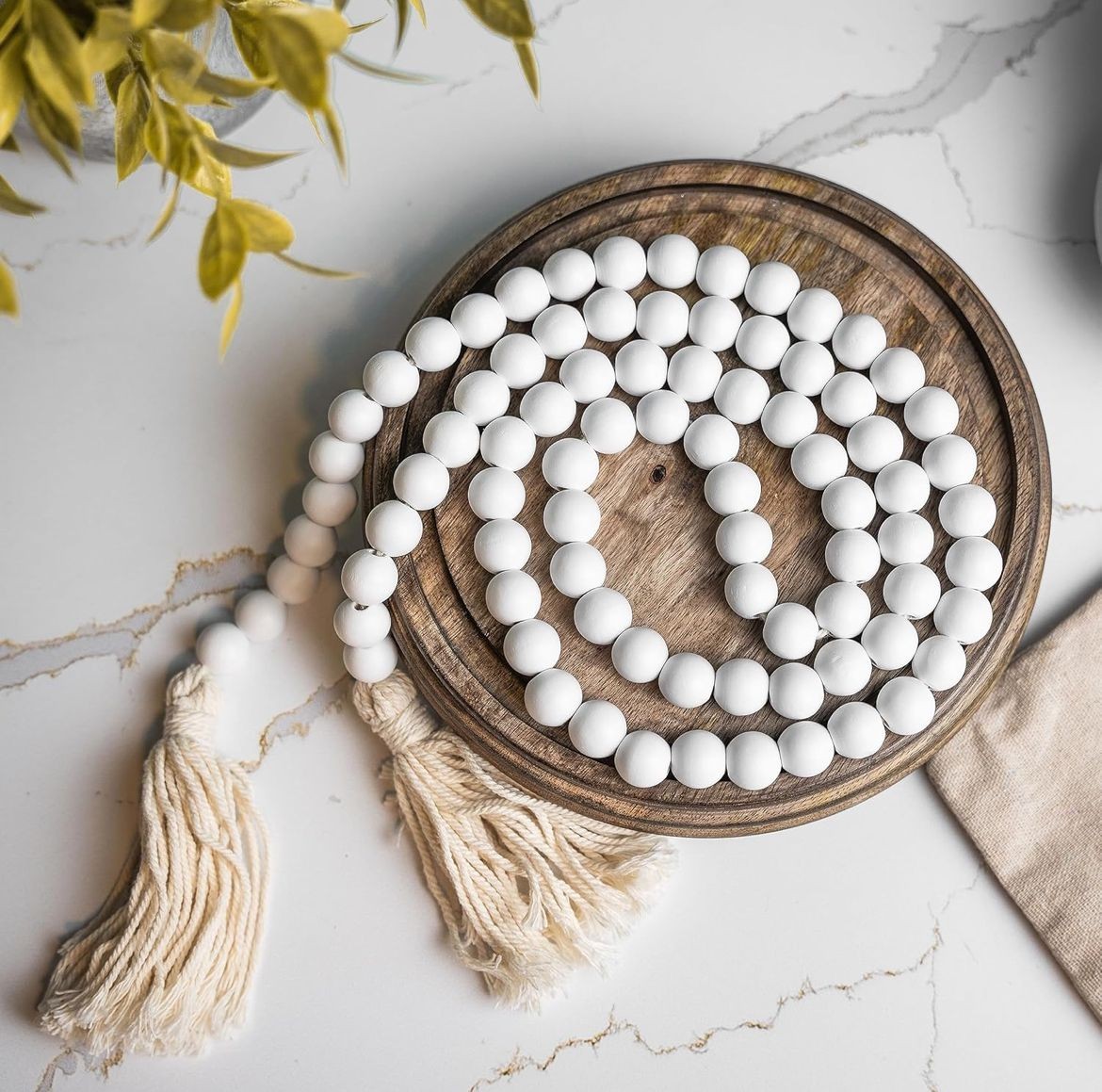 Aesthetic Room Decor Wood Bead Garland- 2 Piece White Wood Chain Link Boho Decor
