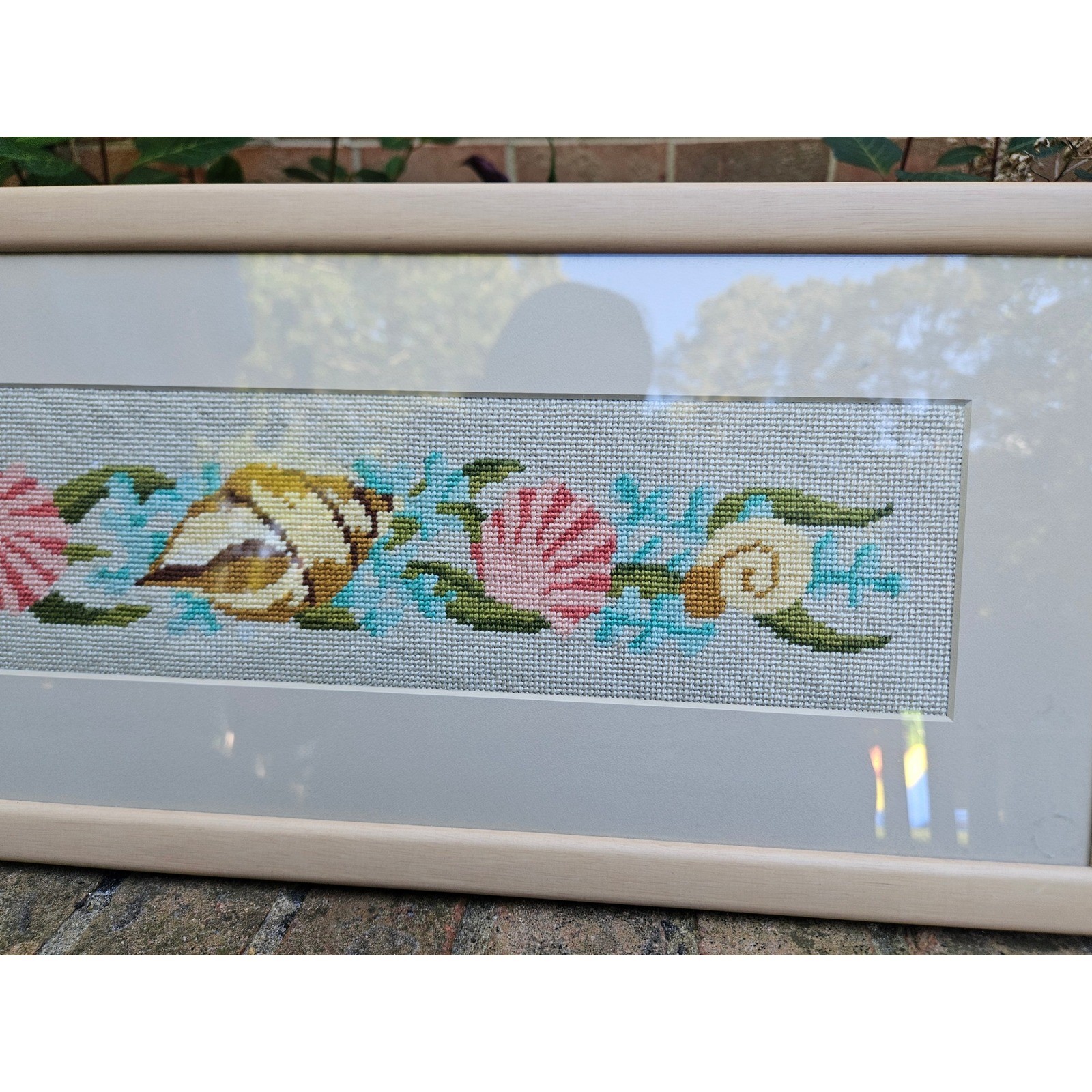 Vintage Matted & Framed Seashell Cross Stitch Art, 25" x 9.75" Ocean Beachhouse