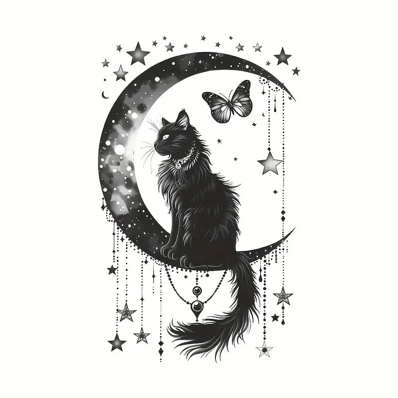 Black Cat Crescent Moon Stars 7 Inch Vinyl Decal Sticker Celestial Cat