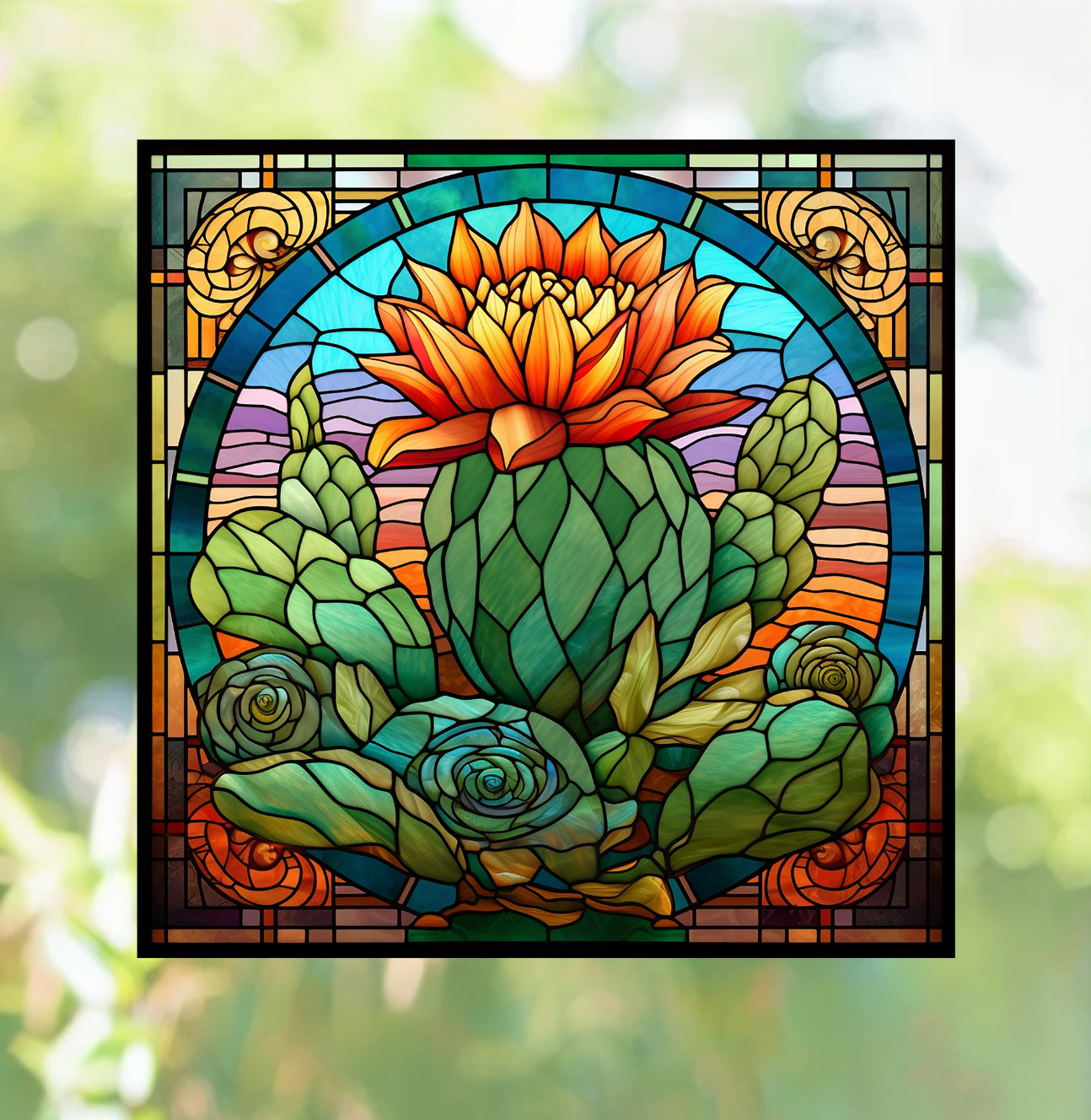 Cactus Faux Stained-Glass WINDOW CLING Size 8" Repositionable Vinyl