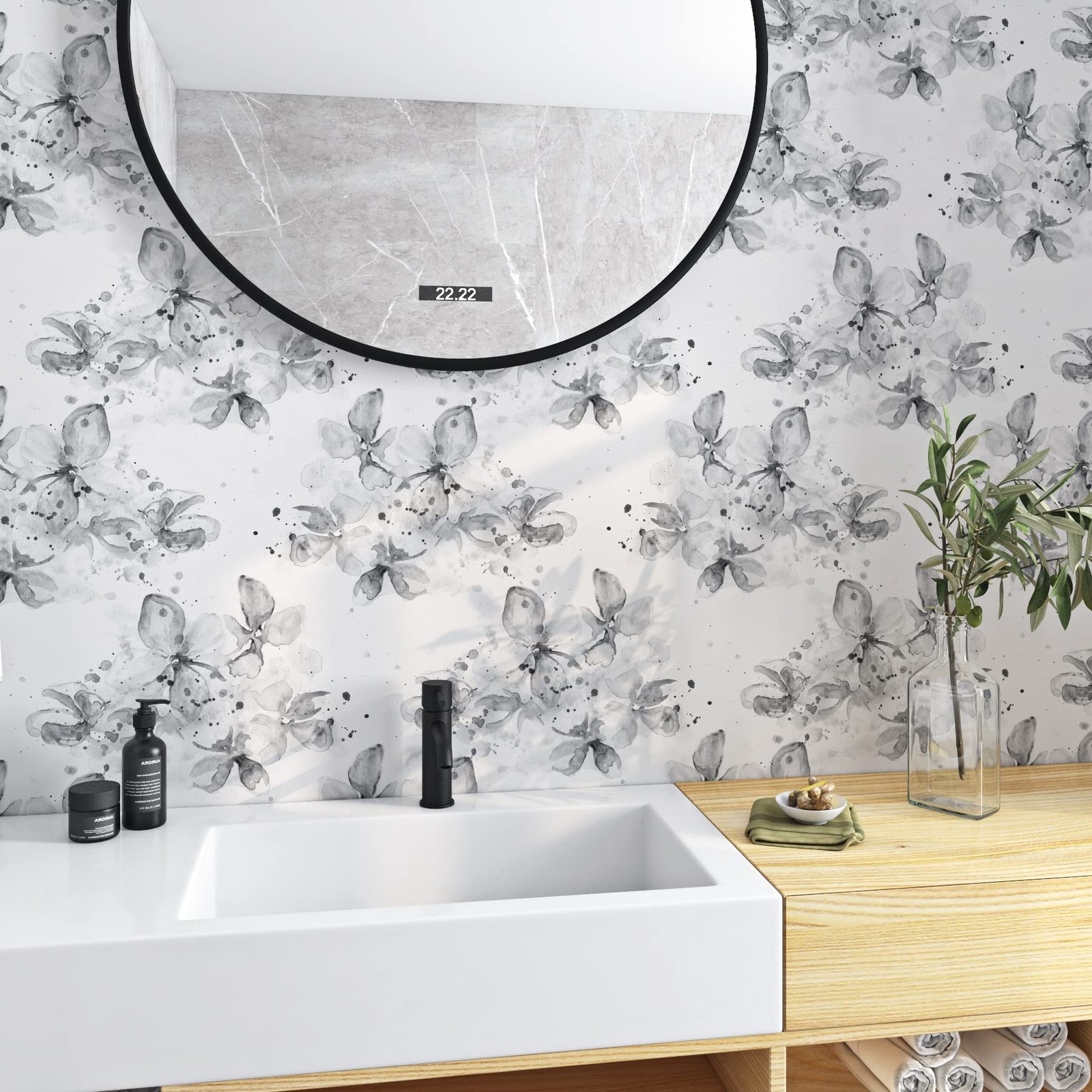 ReWallpaper 17.5in X 23ft Neutral Floral Wallpaper Peel and Stick Modern Ink …