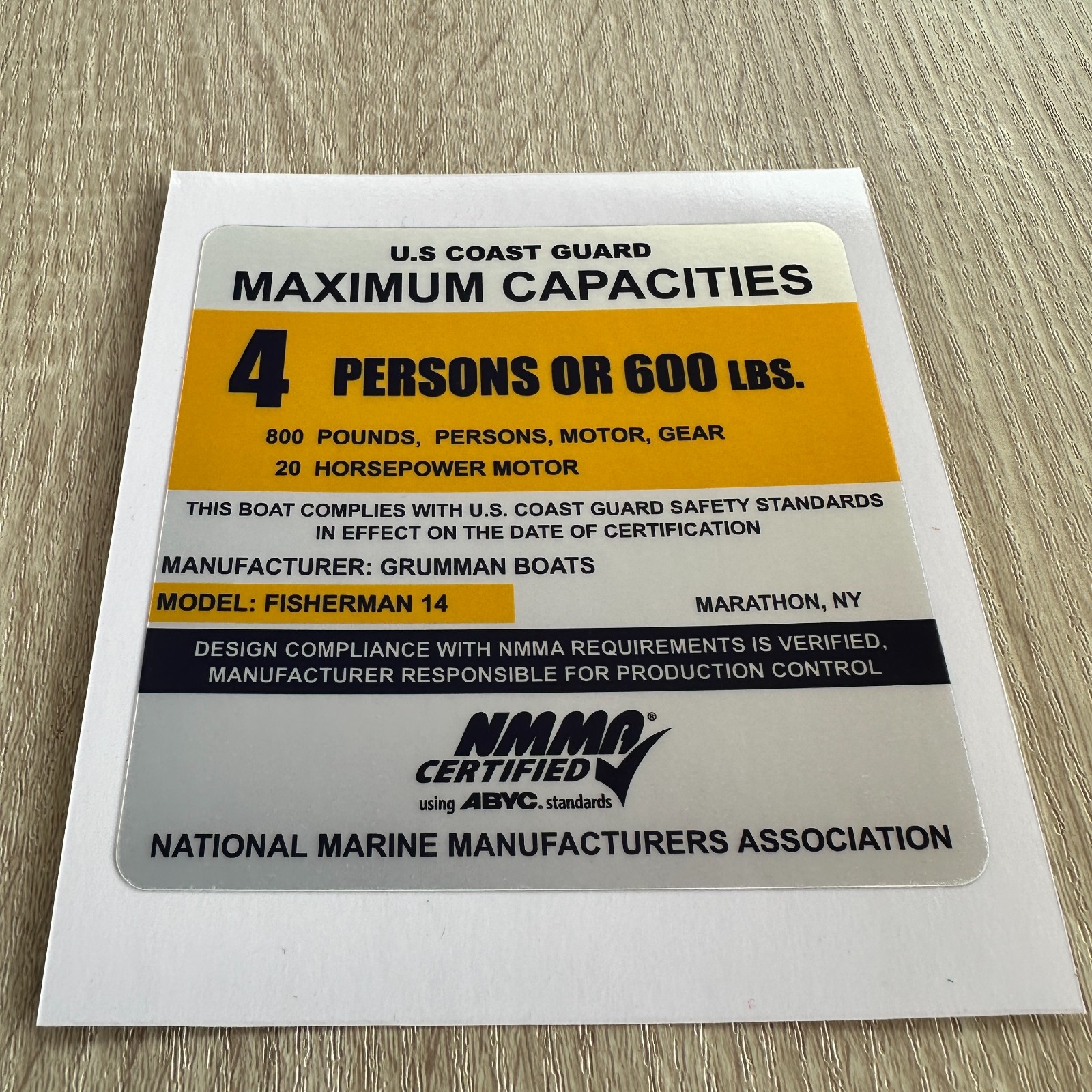 Grumman Fisherman 14 Boat Capacity Plate Decal Replacement Sticker USCG NMMA