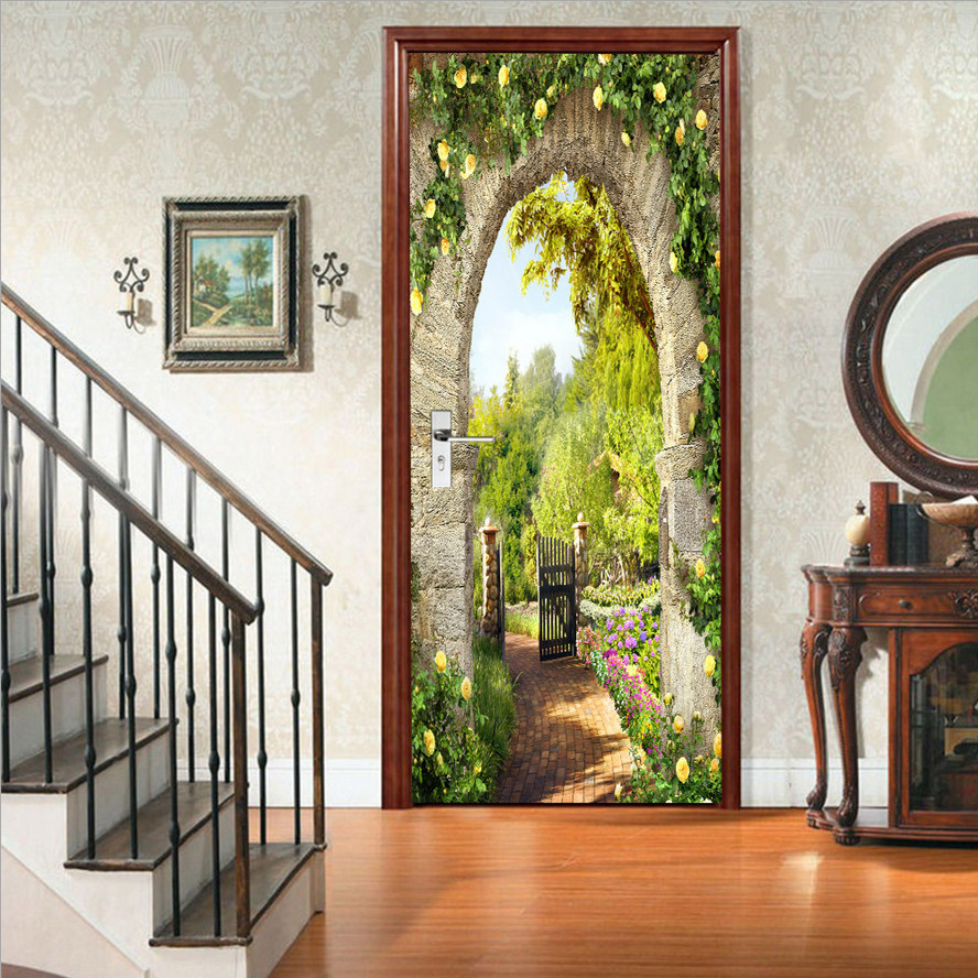 3D Self Adhesive Door Sticker Garden Stone Arch Door Wall Decor Mural Wallpaper