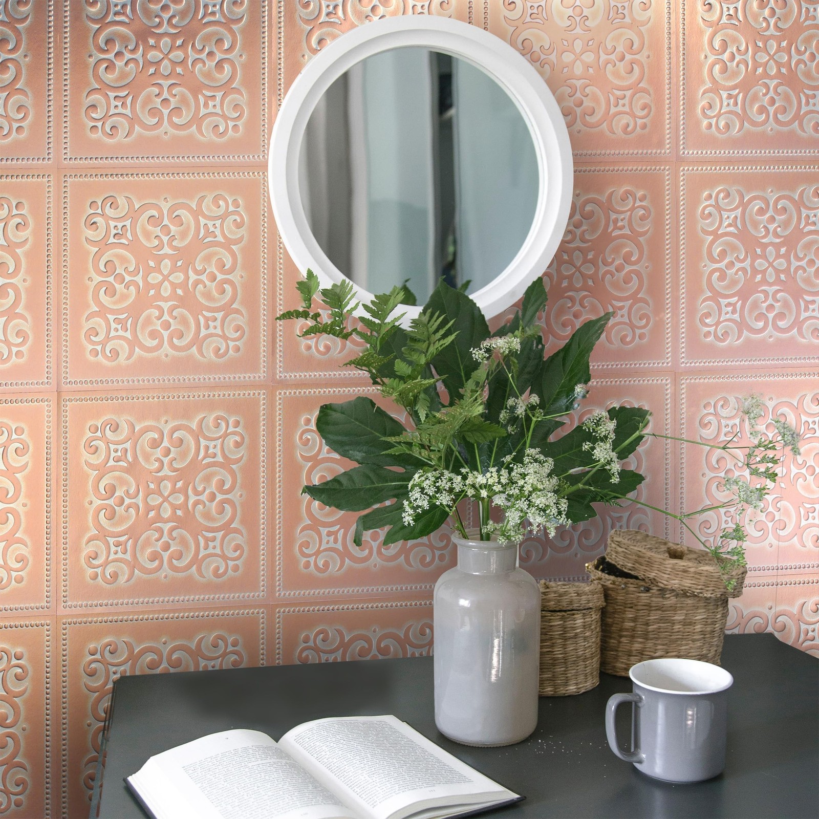 Main Street 24-Pack of 8 x 8" Wallpaper Tiles Peel and Stick in Metalic Patin…