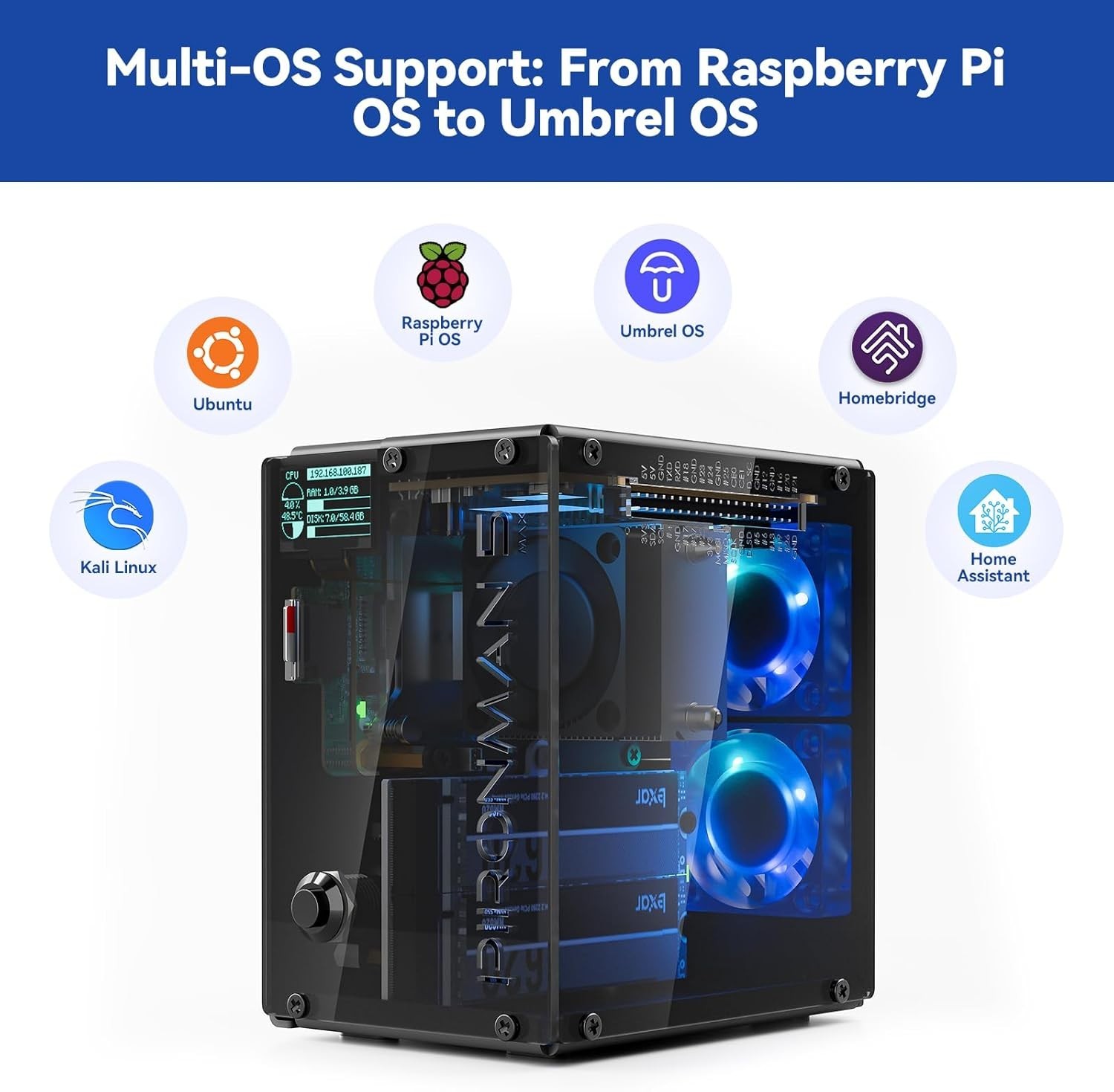 Pironman 5-MAX Dual Nvme M.2 SSD Pcie PC Case for Raspberry Pi 5 NAS RAID 0/1 Ha
