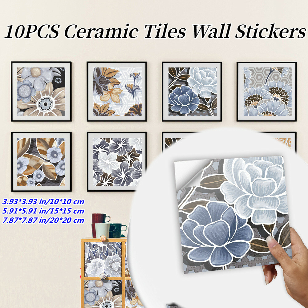 10X Self Adhesive Ceramic Tiles Wall Sticker Marble Flower Bedroom Kitchen Decor
