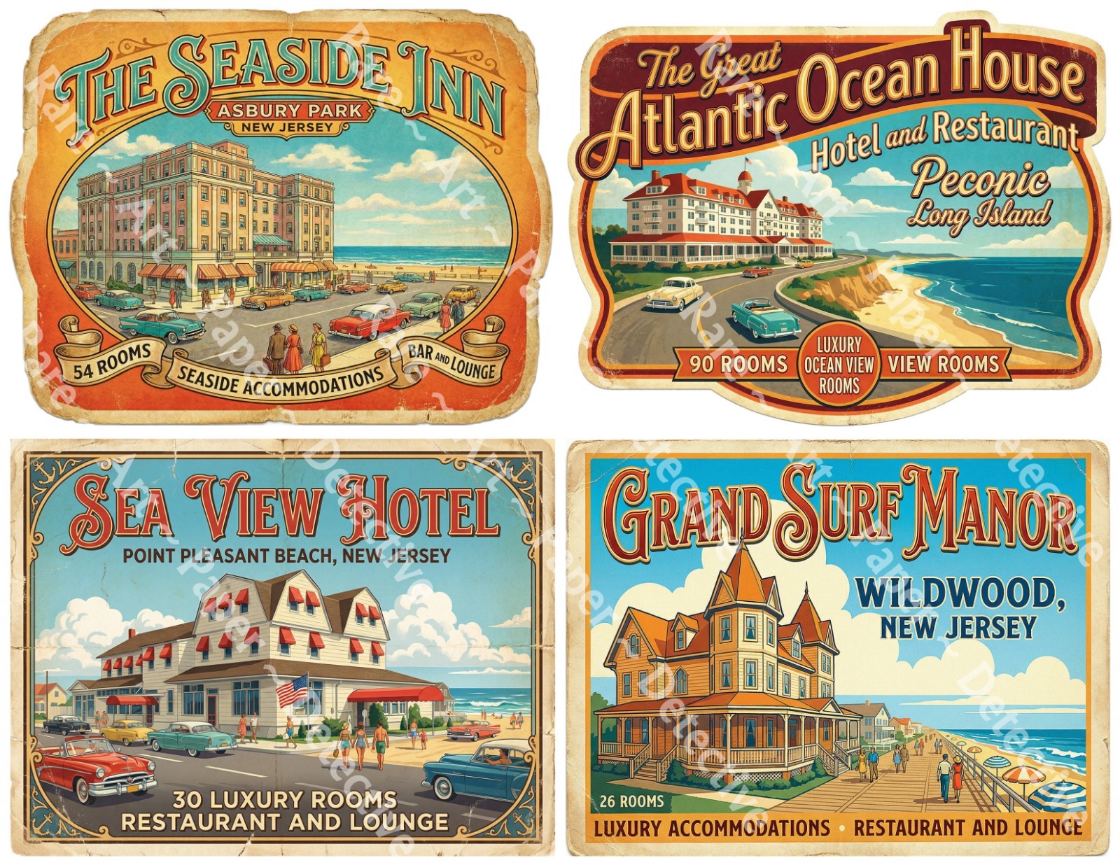 Vintage Nostalgic Hotel Luggage Stickers, 4 Retro Labels on 1 Cut & Peel Sheet