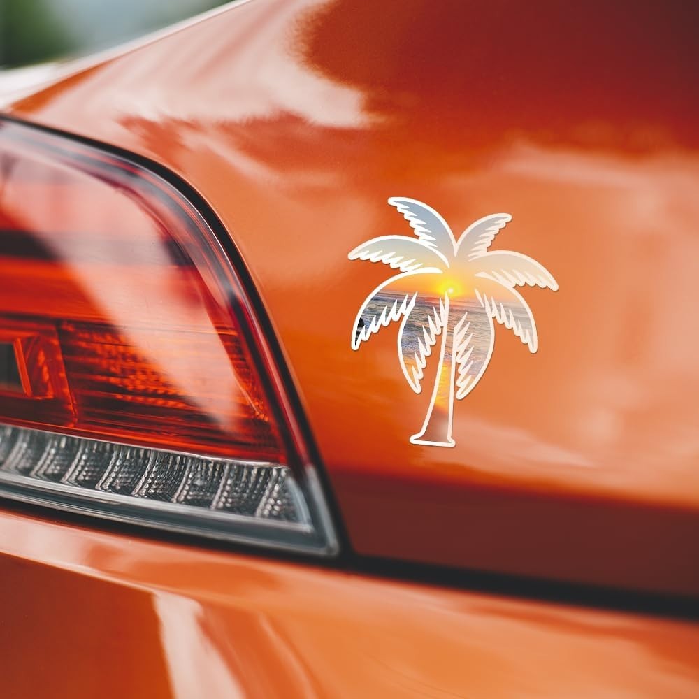 Tropical Palm Tree Beach Sunset Bumper Sticker 5 H" x 4.35 W" MacBook Car Decal