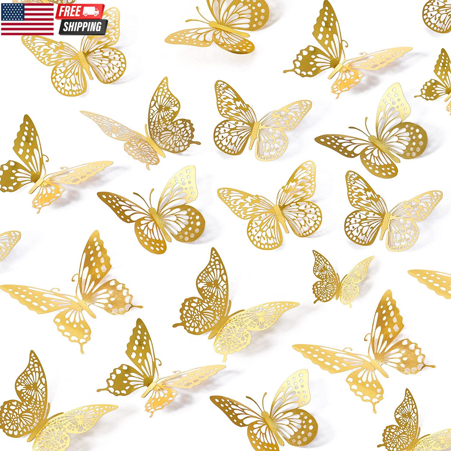 3D Butterfly Wall Decor – 48 Pcs, 4 Styles, 3 Sizes, Gold Butterfly Decorations